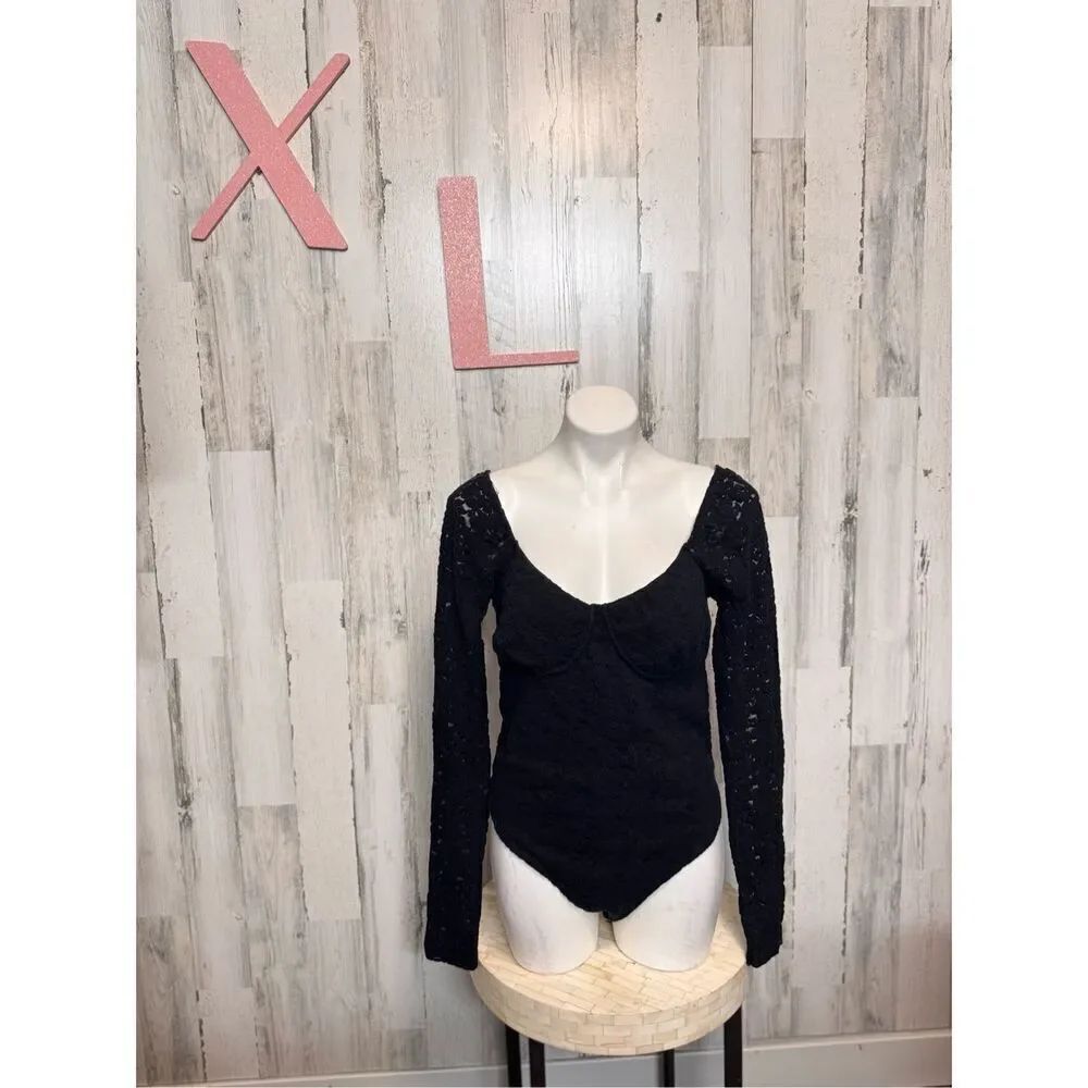 Wild Fable Black Lace Bodysuit | Long Sleeve Scoop Neck Stretch One-Piece – Size